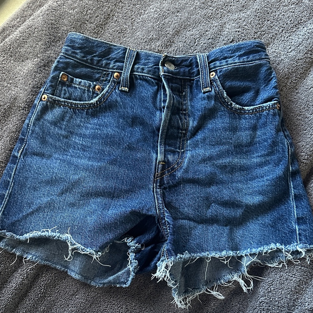 Levi's Dark Blue Frayed Hem Jean Shorts